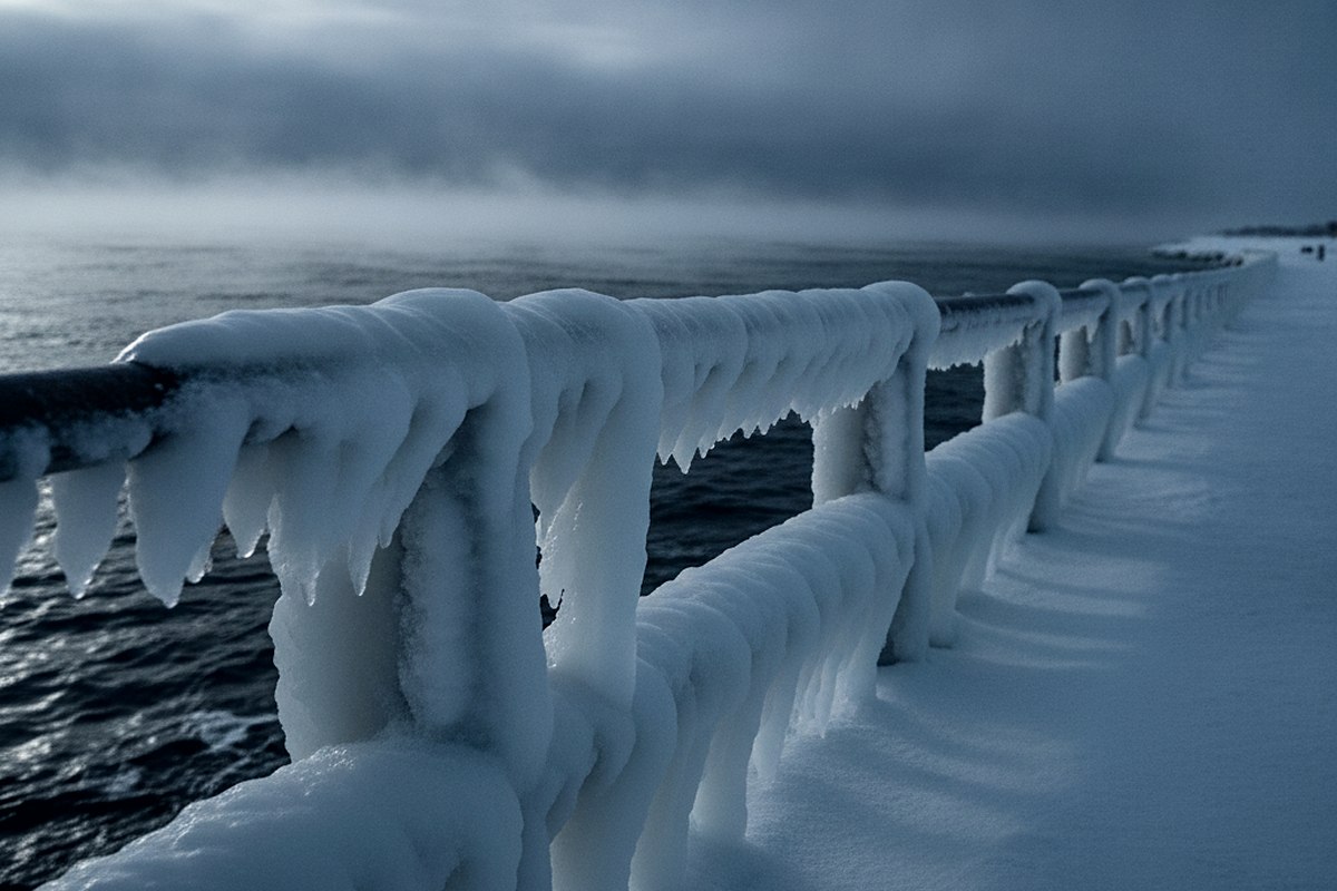 Frozen spray built up in thick rounded layers on a steel railing beside open water