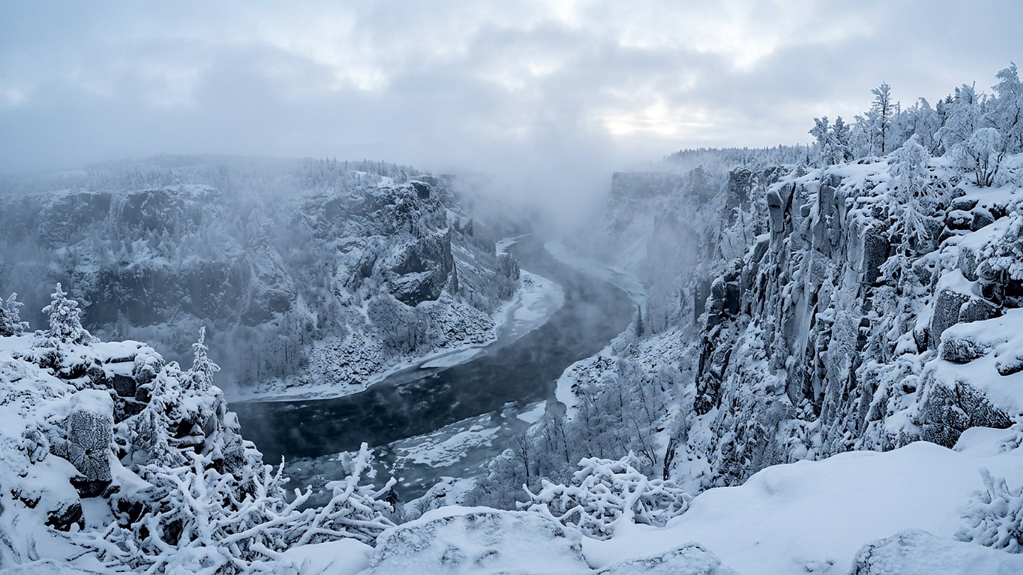 A river gorge in deep winter with heavy mist freezing onto cliffs and trees, everything coated in white rime ice