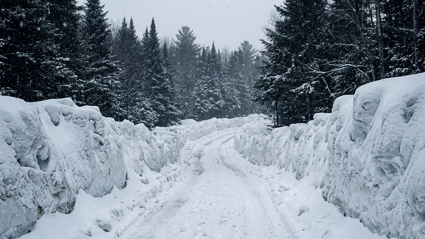 A rural road cut through enormous snow banks taller than a car with dark spruce forest on both sides and heavy falling snow